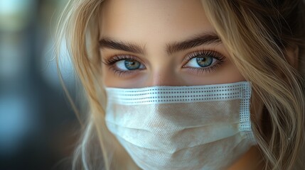 A close up of a woman wearing a face mask