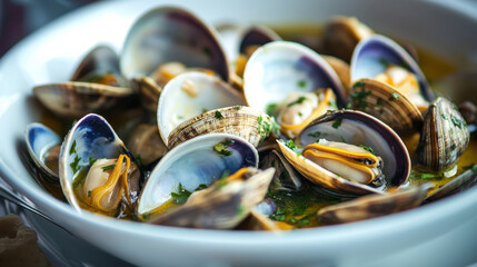 bowl of clams in savory broth with herbs, showcasing fresh seafood