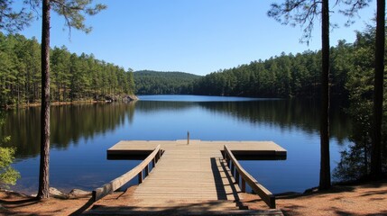 Obraz premium Calm waters reflect clear blue skies and trees, with a wooden dock inviting relaxation at a serene lake
