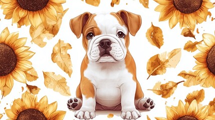 cute bulldog puppies and lots of small sunflowers without leaves,seamless pattern on a white background 