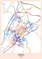 Yunfu China City Map, downtown tourism, house art travel, scenic metropolis concept, travel art city, patriotic abstract banner