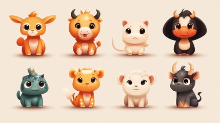 Fototapeta premium Zodiac Emojis Chinese zodiac animals with expressions. 