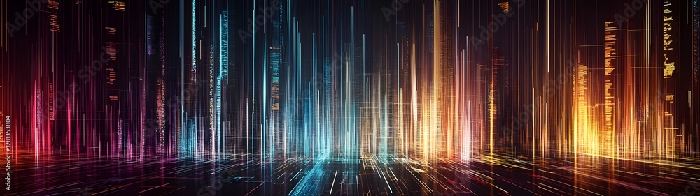 Poster Mesmerizing abstract digital landscape with dynamic flow of luminous neon lights energy beams and data streams creating a futuristic technological atmosphere