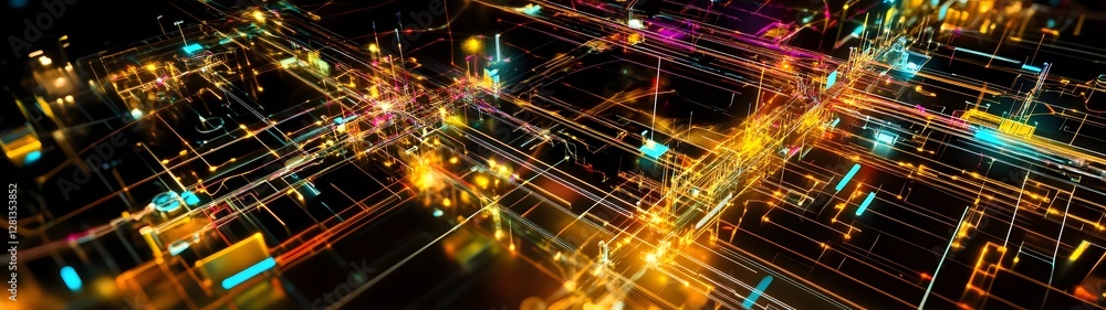 Aufkleber Mesmerizing abstract digital technology matrix with vibrant luminescent and interconnected fractal patterns of lights lines and shapes  A dynamic energetic