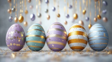 Obraz premium Colorful easter eggs with gold patterns and hanging ornaments in festive setting. Easter, Pascha, Paskha, Ostern, Pascua, Paques - Orthodox and Catholic Holiday celebration
