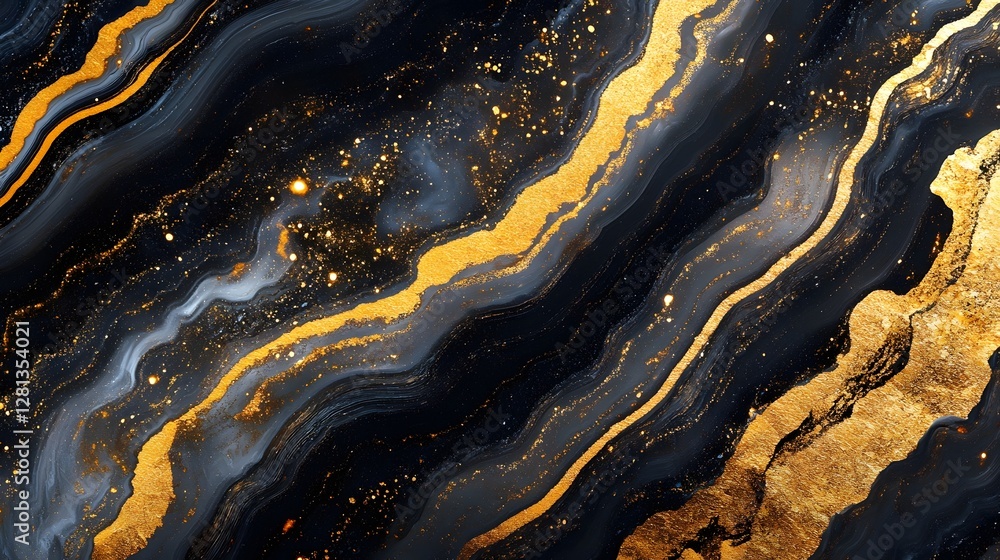 Poster Mesmerizing abstract fluid art composition featuring captivating golden swirls flowing marble like patterns and shimmering luminous elements against a dark enigmatic background