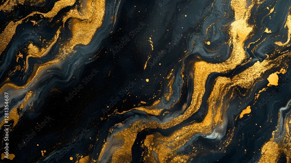 Aufkleber Mesmerizing Abstract Fluid Art with Swirling Gold and Dark Tones Creating a Luxurious Marble like Aesthetic  Dynamic and Captivating Fluid Pattern Resembling Natural Agate or Geode Formations