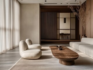 The contemporary living room features minimalist decor with soft aesthetics