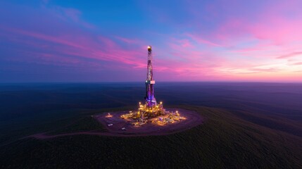 Oil rig at sunset, aerial view, remote location, energy production