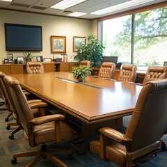 Fototapeta premium Brightly Lit Modern Conference Room with Large Wooden Table and Brown Leather Chairs