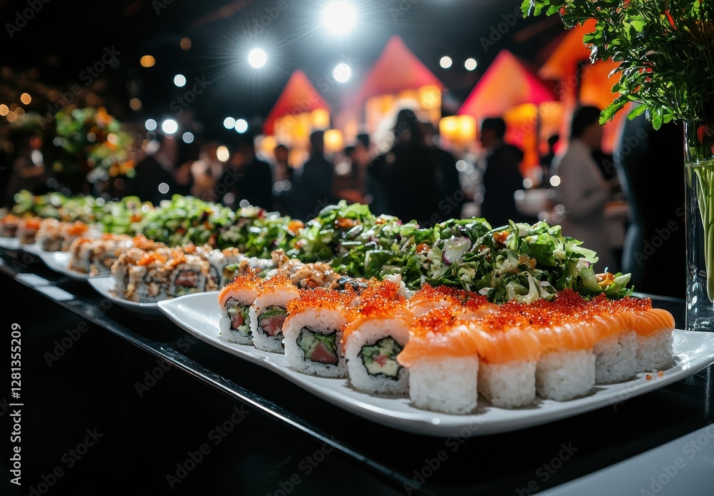 Poster delicious and colorful sushi platter displayed at elegant event with guests enjoying culinary experi