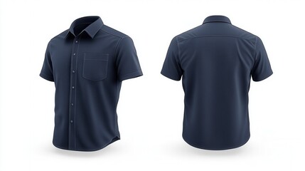Navy Blue Office Tee Mockup: Front and Back Layout of Pocketed Short Sleeve Shirt for Business Wear