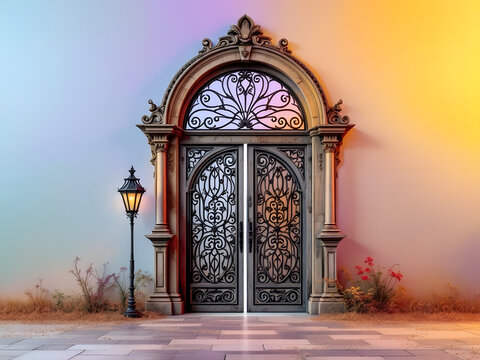 Majestic Entrance to a Mystical Realm: Ornate Iron Gate with Sunset Glow