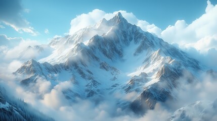 Obraz premium A majestic mountain range covered in snow with clouds floating around it