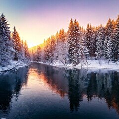 Fototapeta premium Winter Christmas Landscape with snowy Trees and Calm Winter