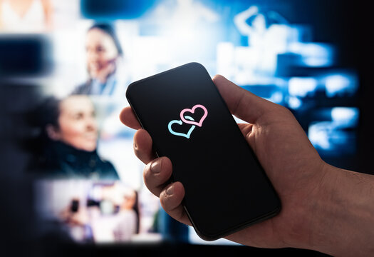 Dating online with app. Swipe right to match. Stalker or man in love looking at photos and profile pictures of woman. Find relationship with website. Cheat on internet. Virtual romance with AI.