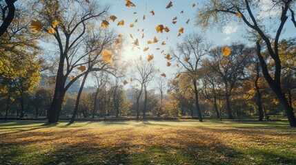Fototapeta premium Autumn leaves falling in a sunny park