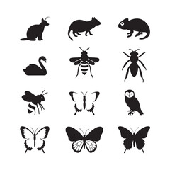 Set of butterfly silhouettes in black vector illustration with various animal and nature-themed icons
