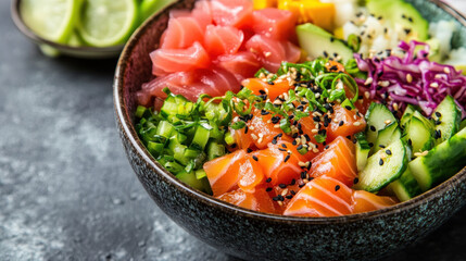 vibrant poke bowl filled with fresh fish, vegetables, and garnishes, showcasing colorful array of ingredients