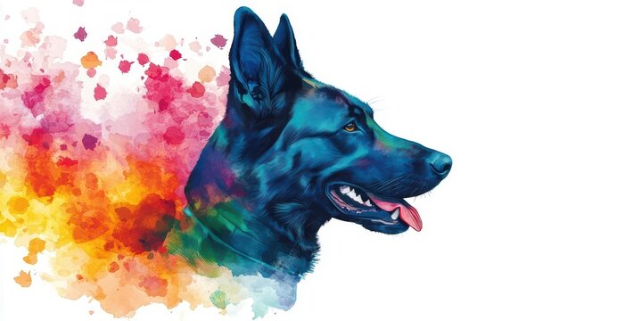 A vibrant watercolor illustration of a dog's profile, featuring a colorful splash effect that adds artistic flair to the canine's silhouette.