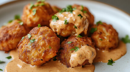 creamy dish of conch fritters served with tangy sauce, garnished with herbs