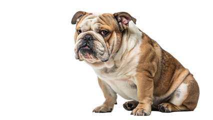 A bulldog with a grumpy expression, sitting 