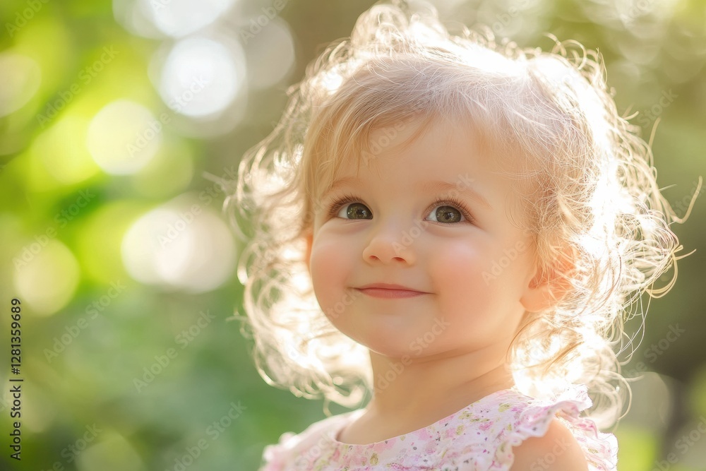 Poster Child smiles joyfully in a sunny forest setting with soft light filtering through trees during golden hour. Generative AI