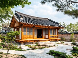 Fototapeta premium Traditional Korean wooden home with a dark tiled roof