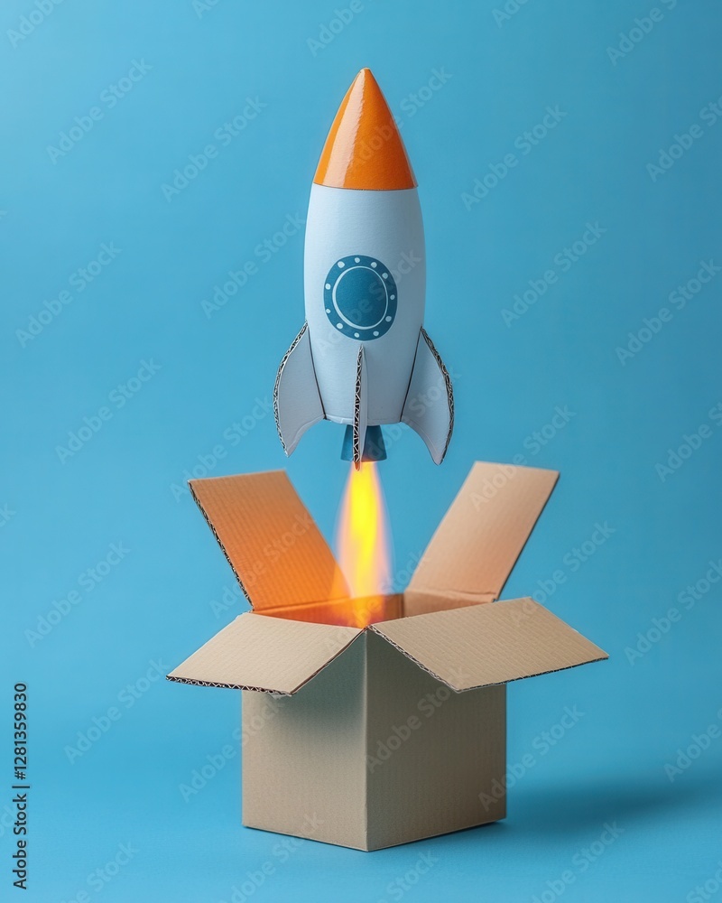 Poster conceptual shot of a handmade rocket launching from a cardboard box on a blue background symbolizing