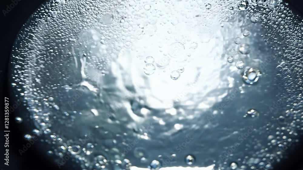 Poster static overhead video captures colorful bubbles illuminated by a direct white light source, scattere