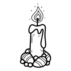 Burning candle with Easter eggs. Hand drawn doodle. Easter celebration. Holiday symbol. Religious traditional element. Vector line art illustration.