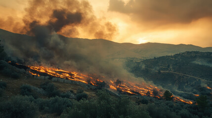 Fototapeta premium dramatic wildfire engulfing hillside, with smoke and flames rising against sunset backdrop