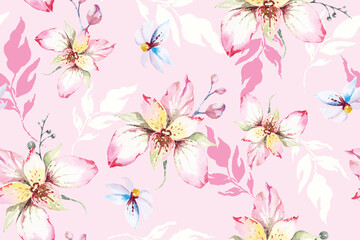 Seamless pattern white flower with watercolor.Designed for fabric and wallpaper, vintage style.Blooming floral painting for summer.Botany orchid on pink background.