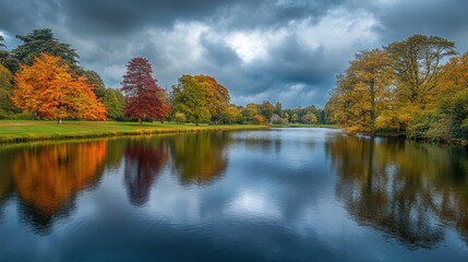 Castle Moat Reflecting Autumn Trees and Cloudy Sky