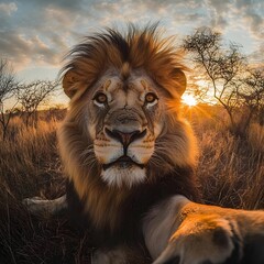 Obraz premium Majestic lion posing for a close-up selfie during a vibrant sunset in the savannah, showcasing nature's beauty