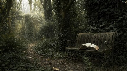 Serene Forest Path Bench and Open Book