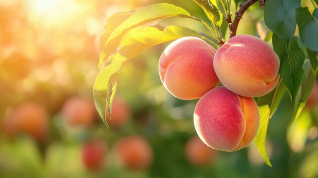 Captivating close up of ripe peaches hanging on a tree branch bathed in warm sunlight during a sunny day