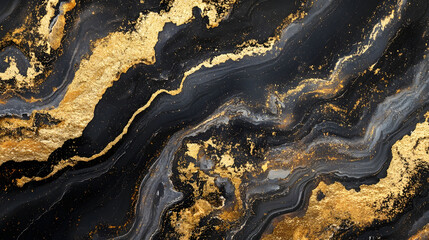 Mesmerizing and hypnotic abstract texture with dynamic swirls fluid patterns and a striking contrast of rich gold and deep black hues inspired by the natural beauty of minerals geodes