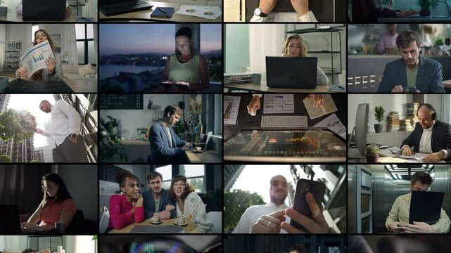 Video collage of different people working online on the Internet. Remote work on a computer from a cafe on the street or at home, business meetings via web communication. High quality 4k footage