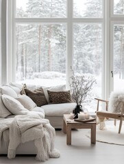 A comfortable living room with a snowy winter landscape view