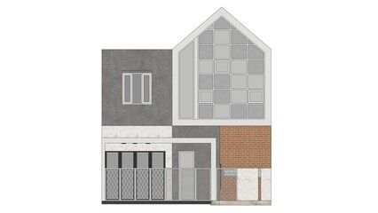 2D facade of a modern house. Grey and white tones, geometric shapes, and varied textures create a contemporary aesthetic. Architectural elevation, residential design concept, and detailed illustration