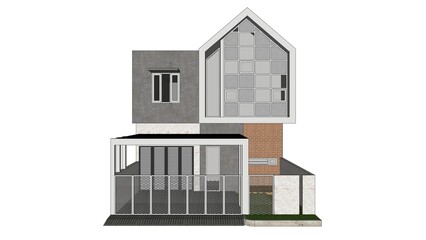 3D model of a modern house exterior. Grey and white tones, geometric shapes, and varied textures. Detailed architectural visualization, residential design concept, and digital building rendering