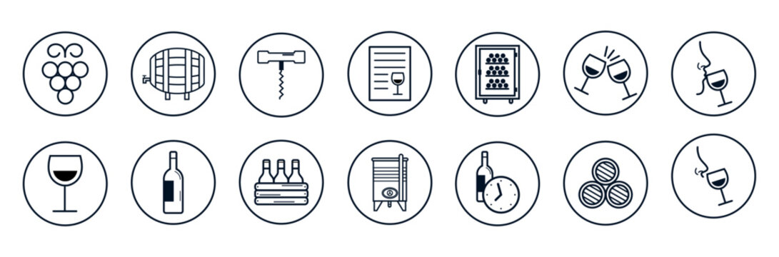 Set of pictograms around wine - Bubbles to illustrate grapes, barrel, bottle, wine cellar, corkscrew, vat, seal, leaf or cork - Editable vector - for wine merchant, harvester, oenologiste - Alcool