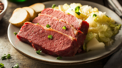hearty plate of corned beef served with cabbage and potatoes, showcasing delicious meal
