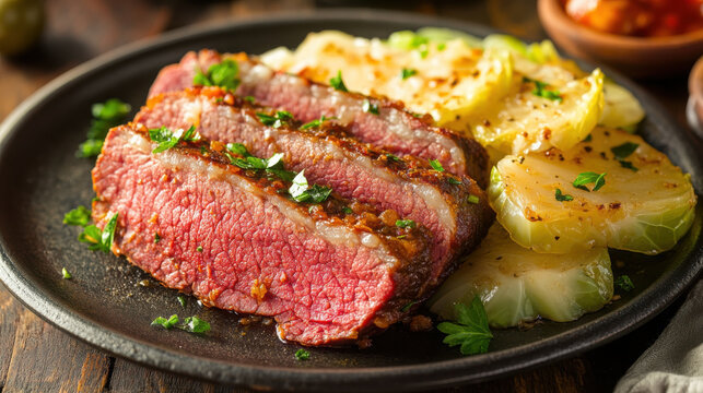 hearty plate of corned beef served with cabbage and potatoes, garnished with fresh herbs
