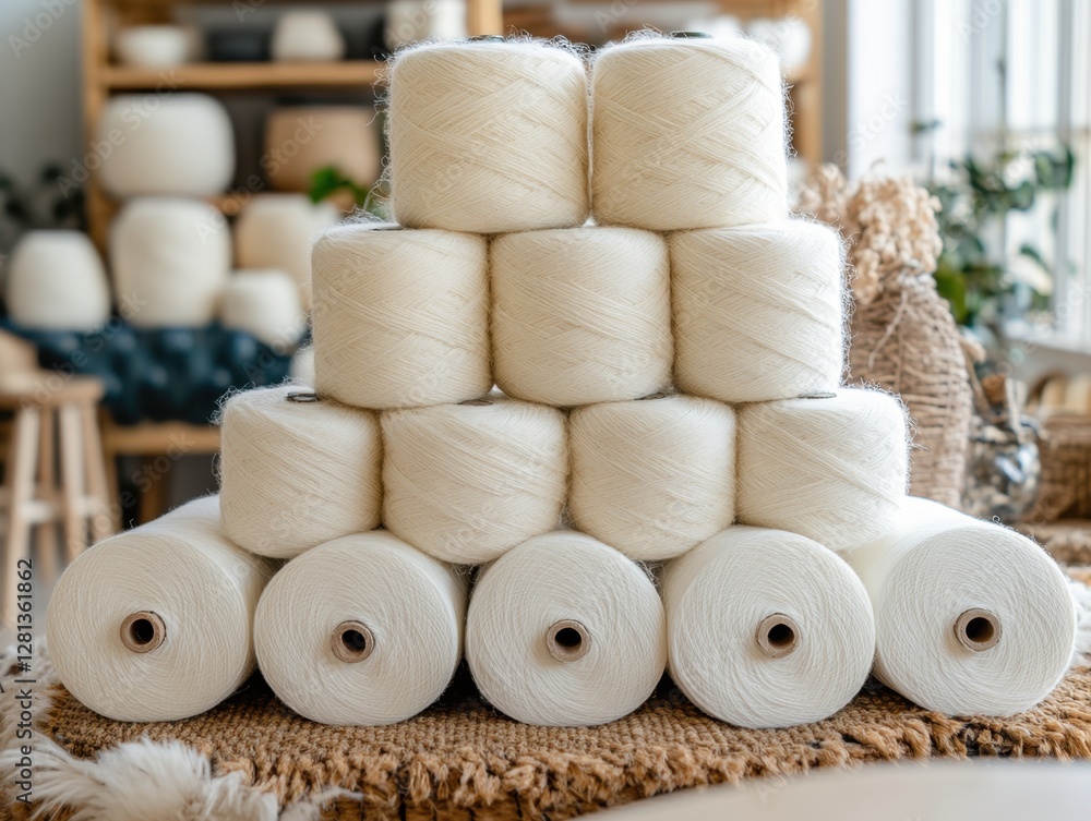 Poster stacked spools of white yarn on a jute rug creating a warm and inviting atmosphere in a bright studi