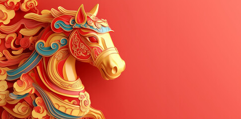 3D horse isolated on a red background for Chinese New Year