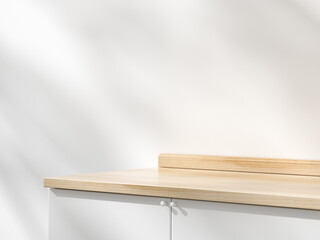 Minimal cabinet, focus on the wooden top table with Soft Sunlight on a wall Background. Space for product presentation display. 3D illustration
