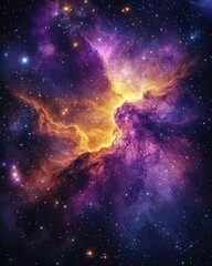 Obraz premium Ethereal cosmic nebula with radiant golden core amidst swirling purple and blue clouds of interstellar dust and twinkling stars