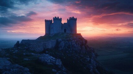 Fototapeta premium Castle Perched on a Rocky Outcrop against a Twilight Sky